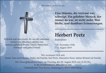 Traueranzeige von Herbert Peetz von Frankenpost