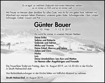 Traueranzeige von Günter Bauer von Südthüringer Presse