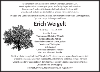 Traueranzeige von Erich Weigelt von Südthüringer Presse