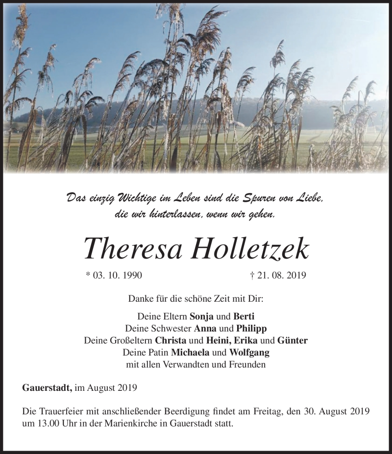  Traueranzeige für Theresa Holletzek vom 27.08.2019 aus Neue Presse Coburg