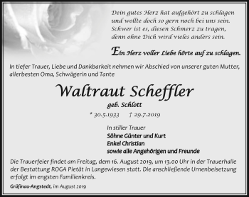 Traueranzeige von Waltraut Scheffler von Südthüringer Presse