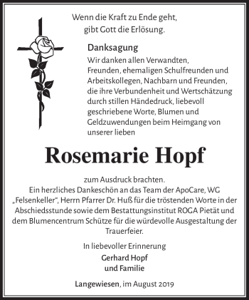 Traueranzeige von Rosemarie Hopf von Südthüringer Presse