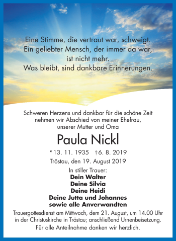 Traueranzeige von Paula Nickl von Frankenpost