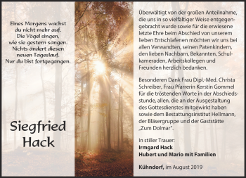 Traueranzeige von Siegfried Hack von Südthüringer Presse