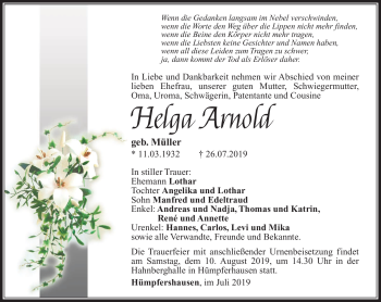 Traueranzeige von Helga Arnold von Südthüringer Presse
