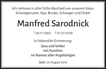 Traueranzeige von Manfred Sarodnick von Südthüringer Presse