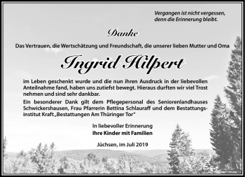 Traueranzeige von Ingrid Hilpert von Südthüringer Presse