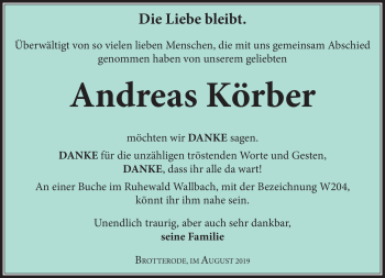 Traueranzeige von Andreas Körber von Südthüringer Presse