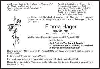 Traueranzeige von Emma Hager von Frankenpost