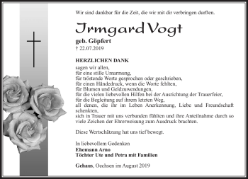 Traueranzeige von Irmgard Vogt von Südthüringer Presse