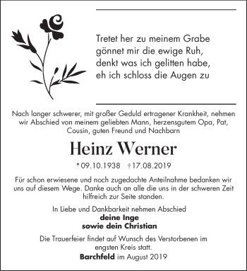 Traueranzeige von Heinz Werner von Südthüringer Presse
