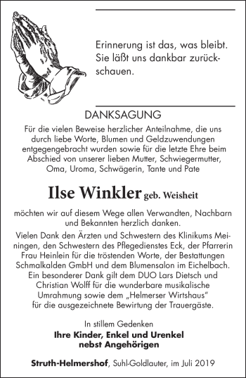 Traueranzeige von Ilse Winkler von Südthüringer Presse