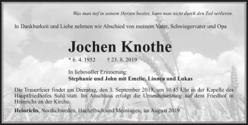 Traueranzeige von Jochen Knothe von Südthüringer Presse