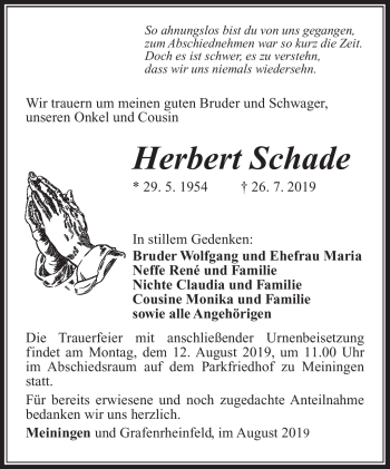 Traueranzeige von Herbert Schade von Südthüringer Presse