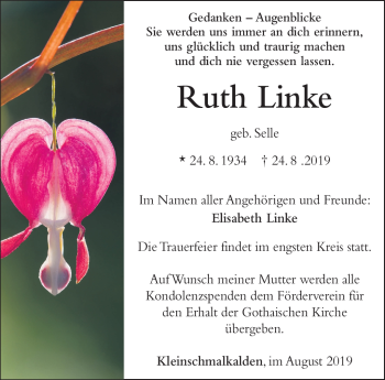 Traueranzeige von Ruth Linke von Südthüringer Presse