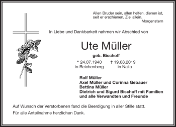 Traueranzeige von Ute Müller von Frankenpost