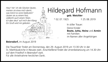 Traueranzeige von Hildegard Hofmann von Neue Presse Coburg