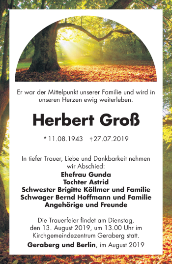 Traueranzeige von Herbert Groß von Südthüringer Presse