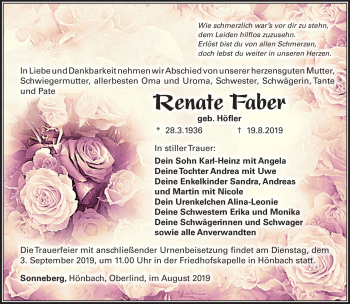 Traueranzeige von Renate Faber von Südthüringer Presse