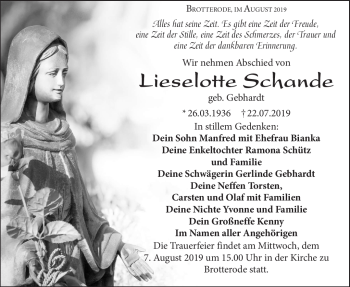 Traueranzeige von Lieselotte Schande von Südthüringer Presse