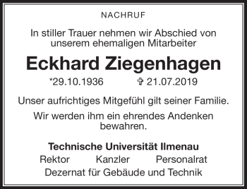 Traueranzeige von Eckhard Ziegenhagen von Südthüringer Presse