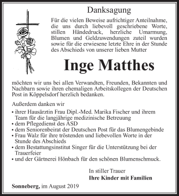 Traueranzeige von Inge Matthes von Südthüringer Presse