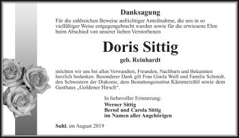 Traueranzeige von Doris Sittig von Südthüringer Presse