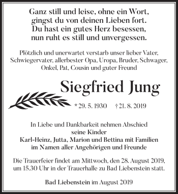 Traueranzeige von Siegfried Jung von Südthüringer Presse