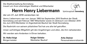 Traueranzeige von Henry Liebermann von Südthüringer Presse