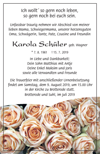 Traueranzeige von Karola Schüler von Südthüringer Presse