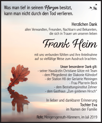 Traueranzeige von Frank Heim von Südthüringer Presse