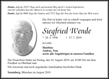 Traueranzeige von Siegfried Wende von Südthüringer Presse