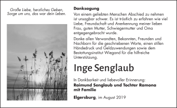 Traueranzeige von Inge Senglau von Südthüringer Presse