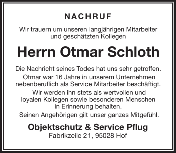 Traueranzeige von Otmar Schloth von Frankenpost