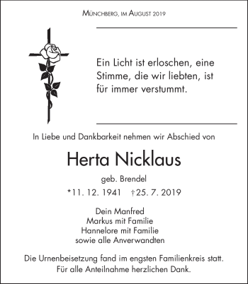 Traueranzeige von Herta Nicklaus von Frankenpost