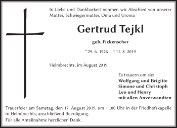 Traueranzeige von Gertrud Tejkl von Frankenpost