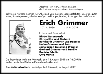 Traueranzeige von Erich Grimmer von Südthüringer Presse