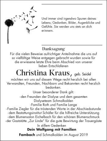 Traueranzeige von Christina Kraus von Südthüringer Presse