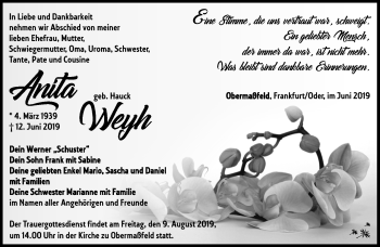 Traueranzeige von Anit Weyh von Südthüringer Presse