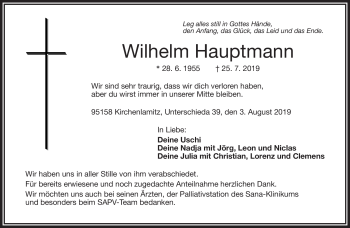 Traueranzeige von Wilhelm Hauptmann von Frankenpost