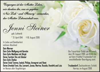 Traueranzeige von Jenni Steiner von Südthüringer Presse