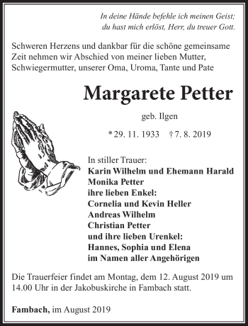 Traueranzeige von Margarete Petter von Südthüringer Presse