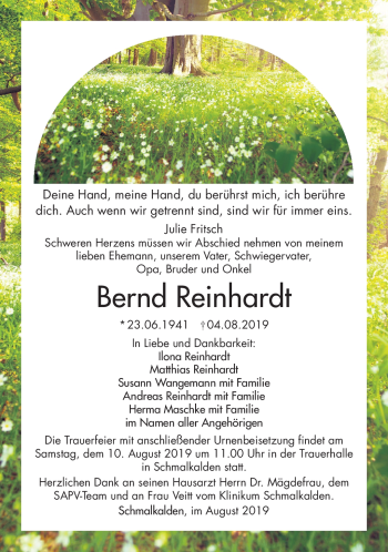 Traueranzeige von Bernd Reinhardt von Südthüringer Presse