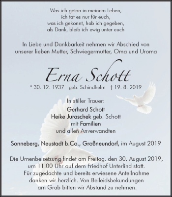 Traueranzeige von Erna Schott von Südthüringer Presse