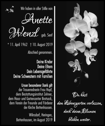 Traueranzeige von Anette Wenzel von Südthüringer Presse