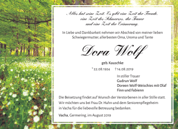 Traueranzeige von Dora Wolf von Südthüringer Presse