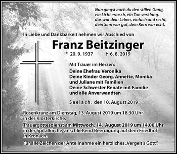 Traueranzeige von Franz Beitzinger von Neue Presse Coburg