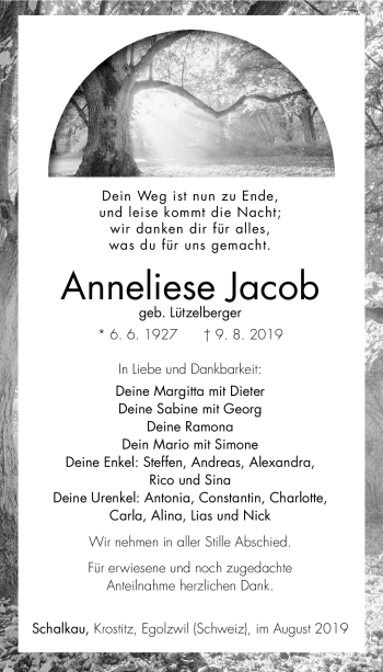Traueranzeige von Anneliese Jacob von Südthüringer Presse
