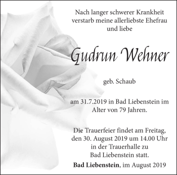 Traueranzeige von Gudrun Wehner von Südthüringer Presse