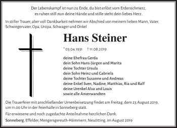 Traueranzeige von Hans Steiner von Südthüringer Presse